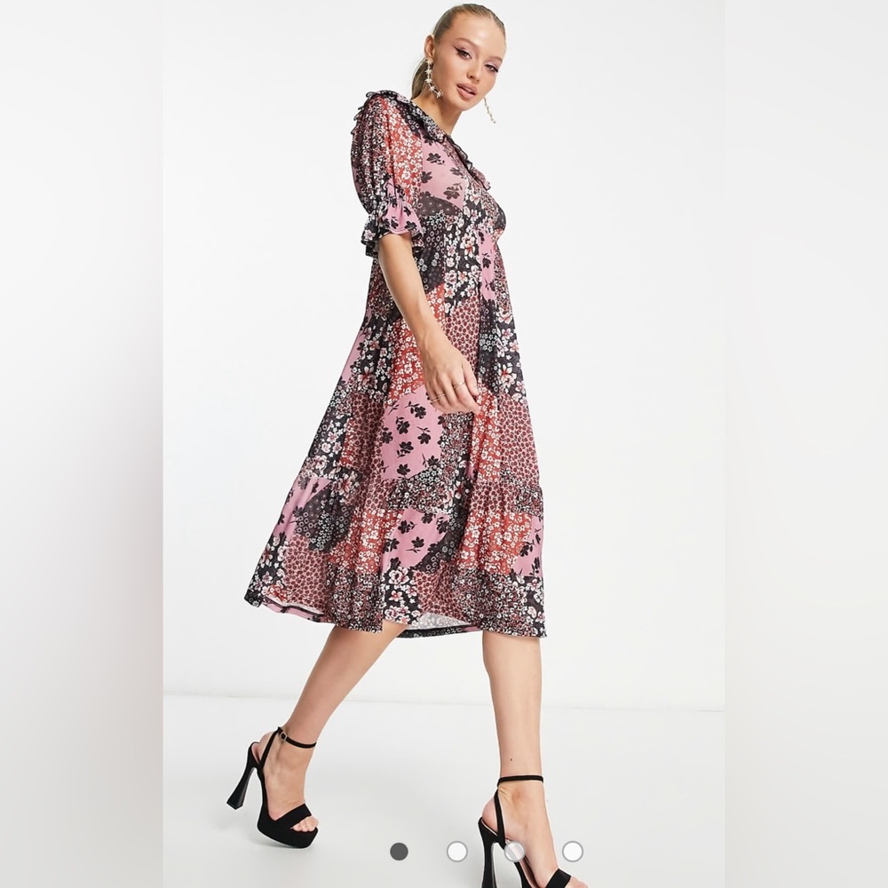 ASOS Miss Selfridge Floral Patchwork Smock Midid Dress Peter Pan Collar Size 2 - Picture 1 of 13